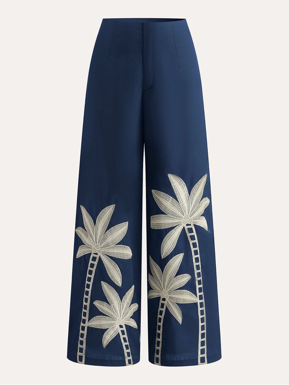 COMMENSE Embroidered Navy Wide-Leg Palm Pants